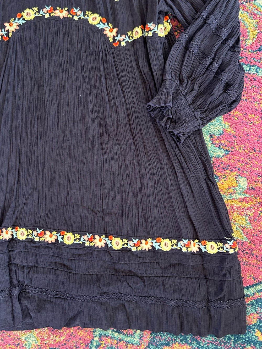 Free People | Women’s Black Floral Embroidered Long Sleeve Boho Pasadena Dress M - Picture 12 of 16